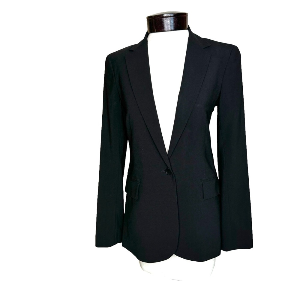 Theory Black Lined Wool Stretch One Button Flap Pockets Jacket Blazer Small